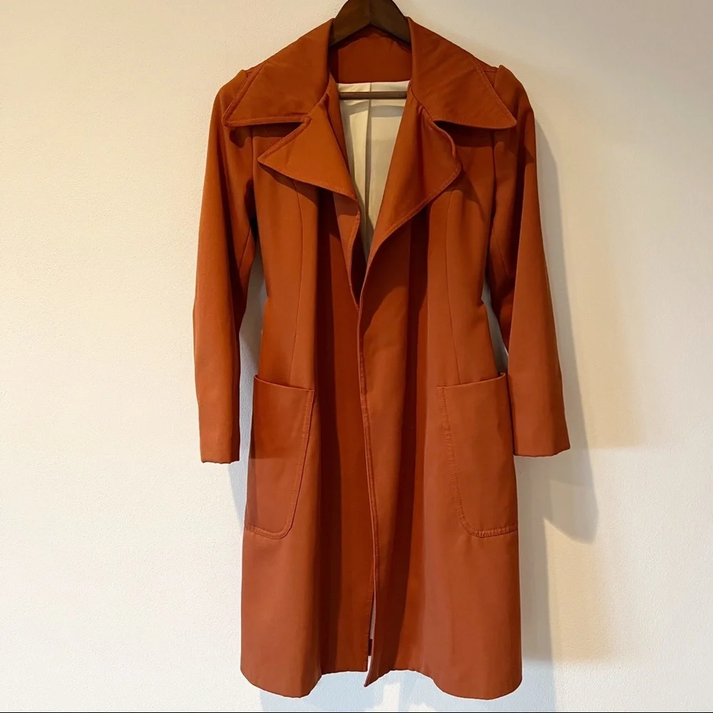 Vintage Handmade Open Front Belted Trench Lined Large Lapels - Picture 10 of 10